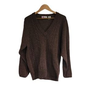 Royal Scott Brown Shetland Wool Cable Knit V Neck Sweater Size XL